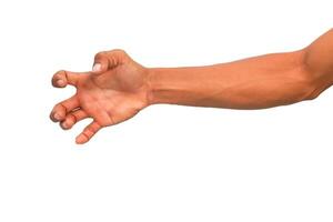 Isolated close-up of a muscular human arm and hand reaching out as if to grab something photo