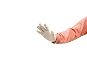 Hand with Protective Gloves in Isolated on White Background Showing Stop Sign photo