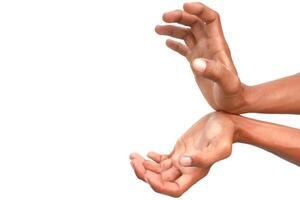 Conceptual Image Featuring Two Human Hands Positioned Creatively on a White Background photo