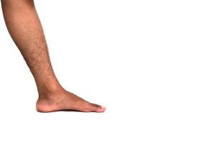 Close-up view of a human leg on a white backdrop showcasing skin texture and form photo