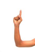 A hand pointing upwards on a white background conveys direction and attention to the top of the frame photo