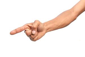 Hand pointing index finger out, isolated on a white background. Concept of direction, choosing, or highlighting a particular item for emphasis photo