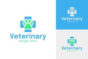 Veterinary logo design with cross and paw icon illustration vector