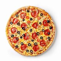 Hot pepperoni pizza with black olives, red onions, and basil, served whole on a pristine white background. photo