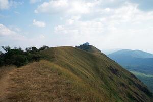 Natural top peak landscape of mountain hill, trail path with green grass steps and cloudy sky photo
