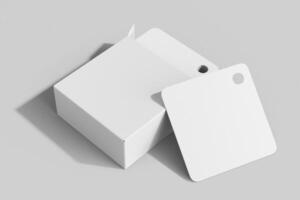 rounded square flash card mockup with packaging box isolated resting top view 3d render illustration photo