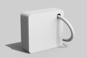 rounded square flash card mockup with ring hook isolated standing perspective view 3d render illustration photo