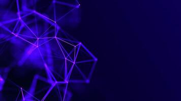 Abstract network connections in purple color on a blue background. Multicolored ultraviolet plexus effect. Looped neural networks, points connected by lines, move chaotically. Template Geometric video
