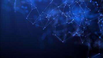 Looped plexus on a blue background. Abstract neon connection of dots and lines on a dark background. Blue particles and polygons slowly fly, futuristic interweaving of digital data. Neural networks video