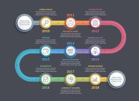 Colorful timeline infographics template with 9 steps, workflow, process, history diagram, dark background vector