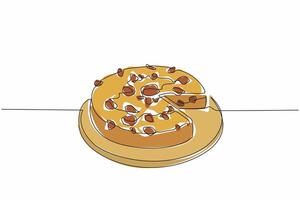 Single continuous line drawing pizza cake with the cut portion on a round wooden tray. Served to share the pleasure. Very filling. International Pizza Cake Day design. One line illustration vector