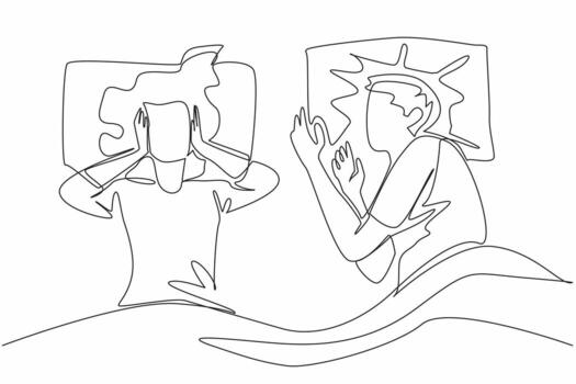 Single continuous line drawing the wife covered both her ears with both her hands. Cannot sleep. Very loud noise disturbance. Tired. Sleepy. Stop Snoring Week. One line design illustration vector