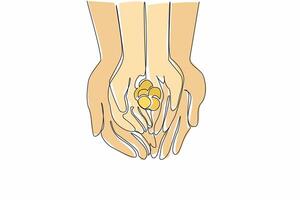 Continuous one line drawing put a coin in the palm of the hand. Financial readiness education is provided from an early age. Learn to save illustration. Coin Week. Single line draw vector