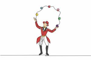 Single one line drawing male juggler juggling balls. Combination of dexterity and concentration. Entertaining show. The expert. International Jugglers Day. Continuous line design graphic illustration vector