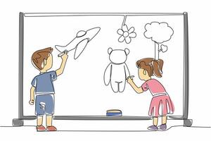 Continuous one line drawing a boy and a girl draw objects on a small blackboard. Developing creativity of children. Golden age. National Kindergarten Day illustration. Single line draw vector