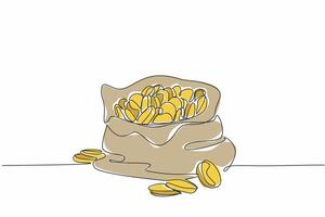 Single one line drawing an open cloth bag filled with coins. Like a prize from television quiz. The gold coins glistened. The luxury of treasure. Coin Week illustration. Continuous line design graphic vector