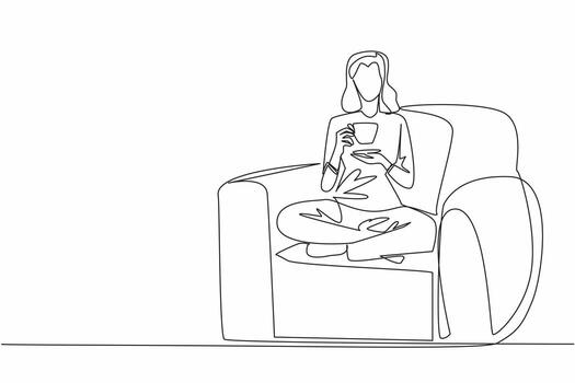 Single continuous line drawing woman sitting cross-legged on a single sofa. Take a break from the tiring routine. Pamper yourself in a simple way. National Tea Day. One line design illustration vector