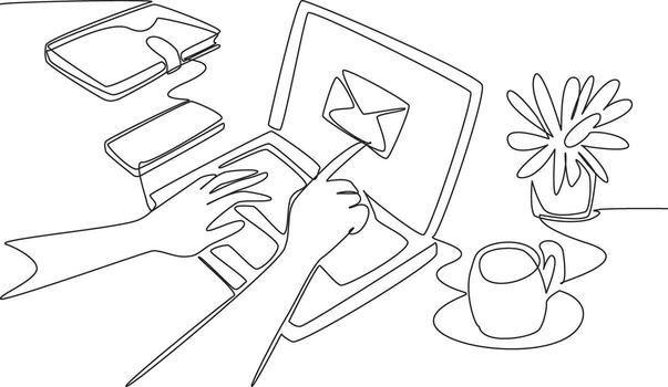 Single continuous line drawing hands typing on laptop. Laptop with touch screen. Open emails just by touching the screen. Technology advances. National Email Day design. One line illustration vector