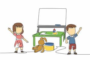 Continuous one line drawing boys and girls standing waving their hands. Invitation to see work of children. Smart generation. National Kindergarten Day design. Single line draw illustration vector