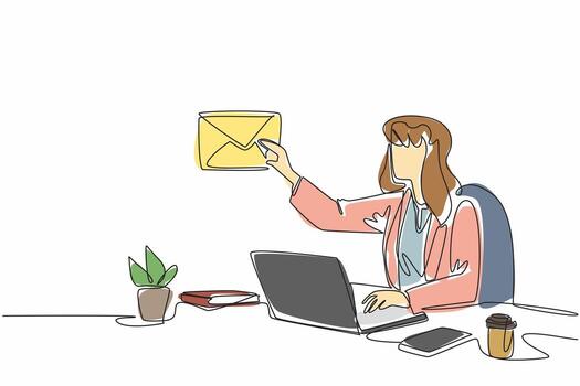 soltero continuo línea dibujo mujer de negocios sentado a escritorio mecanografía en ordenador portátil. respuesta a correos electrónicos recibido desde clientela. formal idioma. tecnología nacional correo electrónico día diseño. uno línea dibujar ilustración vector