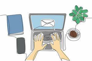 Continuous one line drawing hands typing on laptop. Email notification received. Received best price offer. Ease of using technology. National Email Day illustration. Single line draw vector