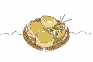 Single one line drawing 4 pcs English muffins on a rattan woven plate. Simple presentation with luxurious taste. Delicious. National English Muffin Day illustration graphic. Continuous line design vector