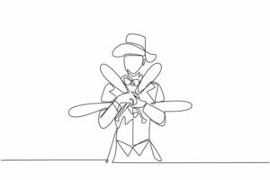 Single continuous line drawing male juggler holding juggling clubs. Pose with high confidence. The expert who can always entertain. International Jugglers Day illustration. One line design vector