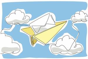 Single one line drawing paper airplane flying while carrying envelope. Visualization of sending an email. Faster than sending a letter. National Email Day design graphic. Continuous line illustration vector