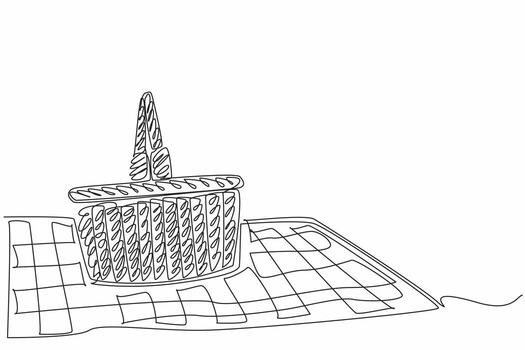 Continuous one line drawing picnic basket made of rattan with a cloth mat base. Setting up simple equipment to spend weekend in spring. National Picnic Day illustration. Single line draw vector