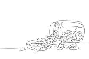 Single continuous line drawing colorful jelly beans placed in a glass jar that fell. Snack that children fight over. Addictive sweet taste. National Jelly Bean Day illustration. One line design vector