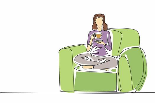 Single continuous line drawing woman sitting cross-legged on a single sofa. Take a break from the tiring routine. Pamper yourself in a simple way. National Tea Day illustration. One line design vector