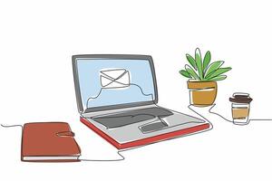 Single continuous line drawing laptop on the desk showing a picture of a large envelope. Important email notifications enabled. Technology illustration. National Email Day. One line design vector