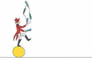 Single one line drawing male juggler playing juggling club on a large rubber ball. Bold and great action. Amaze the audience. International Jugglers Day. Continuous line design graphic illustration vector