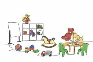 Single continuous line drawing kindergarten classroom. Equipped with various learning needs for children. Sharpen the intelligence. National Kindergarten Day illustration. One line design vector