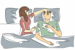 Single continuous line drawing wife covers nose of husband with clothespin. Sleep disorders can come from anywhere. Struggling to fall asleep. Stop Snoring Week illustration. One line design vector