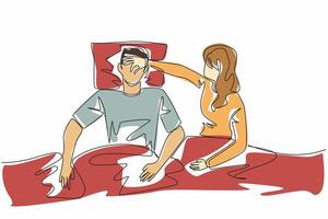Continuous one line drawing wife covers nose of husband with hand. Wake up rudely. Disruption from husband every night. Loud snoring. Stop Snoring Week illustration. Single line draw design vector