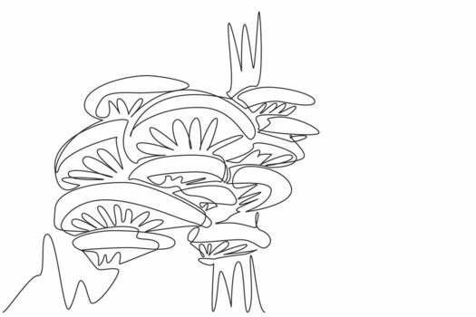 soltero uno línea dibujo ostra seta en un grande árbol trompa. hongos con muchos beneficios. mantener corazón salud. fácil cultivo. día de el seta diseño gráfico. continuo línea ilustración vector