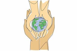 Continuous one line drawing two human hands holding a globe. Teaching children to care for the earth. Cultivating sensitivity. Environmental. Earth Day illustration. Single line draw design vector