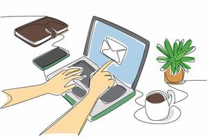 Single continuous line drawing hands typing on laptop. Laptop with touch screen. Open emails just by touching the screen. Technology advances. National Email Day design. One line draw illustration vector