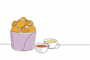 Single continuous line drawing pile of cheese balls in paper bucket. Bought to take home. More delicious with chili sauce and mayonnaise. National Cheese Ball Day design. One line illustration vector