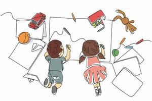 Single continuous line drawing boy and girl are lying face down and both are drawing on large paper. Activities to enhance imagination design. National Kindergarten Day. One line illustration vector