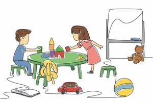 Single one line drawing the boys and girls sitting in kindergarten room. Exploring interests and talents. Sharpening balance. National Kindergarten Day design graphic. Continuous line illustration vector