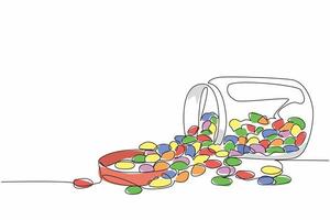 Single continuous line drawing colorful jelly beans placed in a glass jar that fell. Snack that children fight over. Addictive sweet taste. National Jelly Bean Day design. One line illustration vector