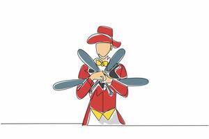 Single continuous line drawing male juggler holding juggling clubs. Pose with high confidence. The expert who can always entertain. International Jugglers Day. One line design illustration vector