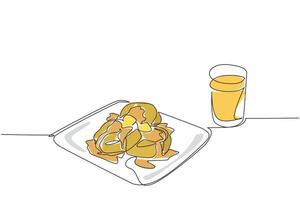 Single one line drawing 3 pcs English muffins with topping of butter chunks covered in honey. Spend weekend with sweet snacks. National English Muffin Day graphic illustration. Continuous line design vector