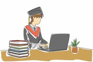 Single one line drawing a woman wearing a graduation gown with hat. Typing on laptop to fill in personal data. Online graduation. National Dissertation Day. Continuous line design graphic illustration vector
