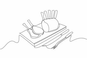Continuous one line drawing prime rib with bones and 2 small slices on square wooden tray. Juicy meat near the bone. Very delicious. National Prime Rib Day illustration. Single line draw design vector