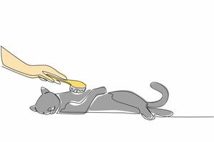 Single one line drawing hand combing a sleeping cat with an animal comb. Simple care that requires patience. Concern. National Hairball Awareness Day design graphic. Continuous line illustration vector
