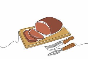 Single one line drawing boneless prime rib cut into 2 small slices. The presentation method of chef makes it easier for consumers. National Prime Rib Day. Continuous line illustration design graphic vector