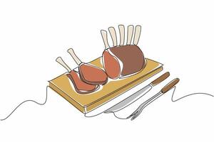 Continuous one line drawing prime rib with bones and 2 small slices on square wooden tray. Juicy meat near the bone. Very delicious. National Prime Rib Day. Single line draw illustration design vector
